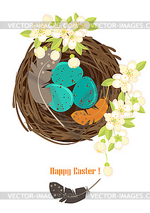 Bird`s nest with eggs and flowering branches - vector image