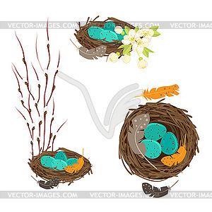 Bird`s nests with eggs set - vector clip art