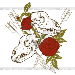 Animal skulls arrows and red roses - color vector clipart