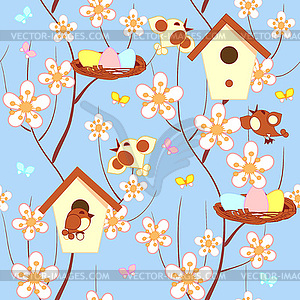 Birds and spring flowering branches seamless - vector image