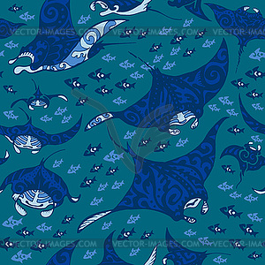 Manta ray and fish seamless - vector image