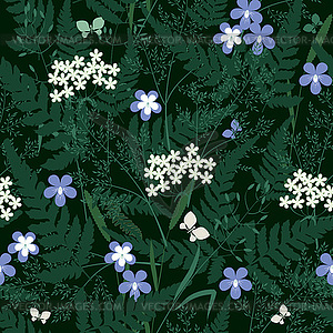 Лесные цветы и травы бесшовные - векторное графическое изображение