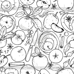 Apples whole and cut into slices, berries and spice - vector clipart