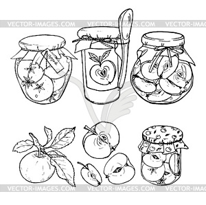 Apple jam in jar and apples - vector image