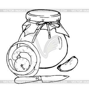 Apple jam in jar and apples - vector image