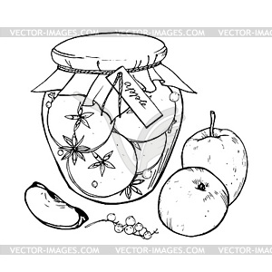 Apple jam in jar and apples - vector clipart