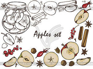 Apples, jam in jar, spices and berries set - vector clip art