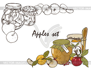 Apples, jam in jar, spices and berries set - vector image