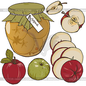 Whole apples, cut into halves and slices set - vector clipart