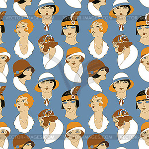 Retro girl portraits seamless pattern - vector image