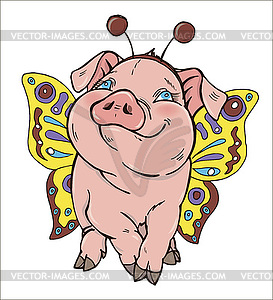 Pig dressed up as butterfly and wore wings - vector clipart