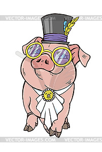 Свинья в цилиндре, нагруднике и очках - рисунок в векторном формате