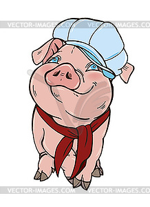 Pig in blue hat and scarf - vector clip art