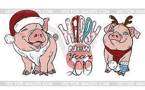 Pigs in Christmas costumes - vector image