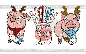 Pigs in Christmas costumes - vector clipart