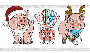Pigs in Christmas costumes - vector clip art