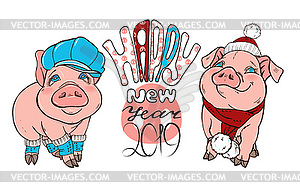 Pigs in winter clothes hat and scarf - vector clipart