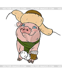 Pig in winter clothes hat and scarf - vector clip art