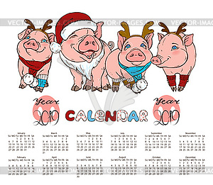 Calendar with pigs in Christmas costumes - vector clip art