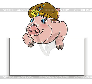 Свинья в шляпе Заглядывает из-за белого прямоугольника - клипарт в векторе / векторное изображение