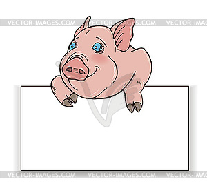 Curious pig Peeps out of behind white rectangle - color vector clipart