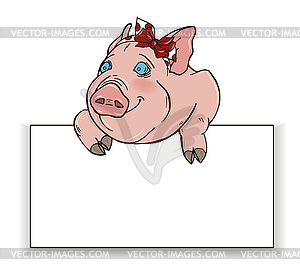 Pig with bow on head peeking out of behind white - vector image