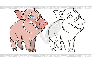 Cute pig in color and black and white - color vector clipart