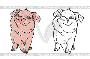 Cute pig in color and black and white - vector image