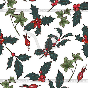 Holly, cones, berries, mistletoe, seamless - vector image
