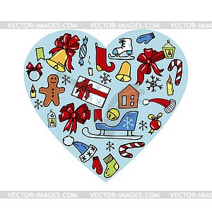 Christmas toys, sledges, gifts on background of - vector image