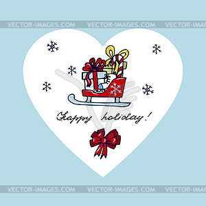 Christmas toys, sledges, gifts on background of - vector image