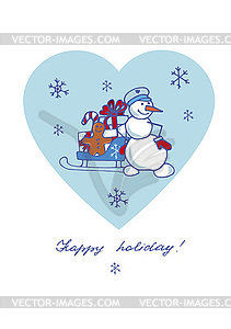 Снеговик, санки, подарки на фоне сердца - цветной векторный клипарт