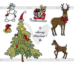 Deer, snowman, sleigh with gifts, Christmas tree, - vector clipart