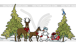 Hirsch Schneemann Schlitten Mit Geschenken Weihnachtsbaum Royalty Free Vektor Clipart