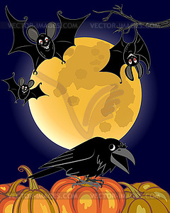 Three bats and crows on full moon - vector image