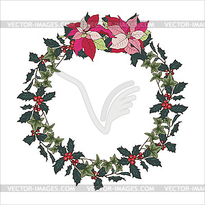 Christmas wreath of Holly, ivy and poinsettia - vector image