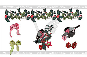 Composition of Christmas plants and bullfinches - vector image