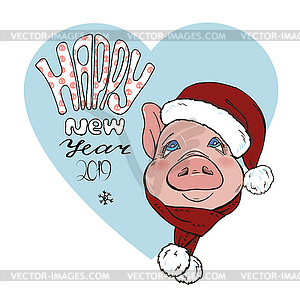 Pig in Christmas costumes and lettering - vector clipart