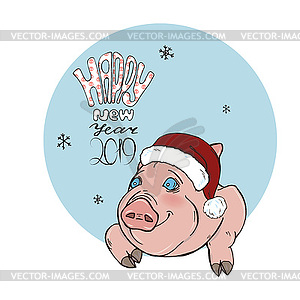 Pig in Christmas costumes and lettering - vector image