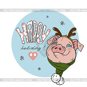 Pig in scarf and hat and lettering - vector clipart