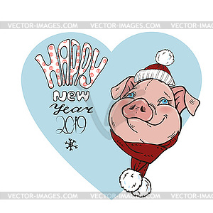 Pig in scarf and hat and lettering - stock vector clipart