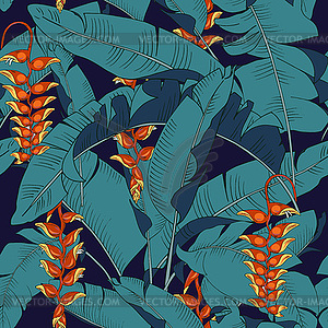 Цветы и листья геликония бесшовные - векторное изображение EPS