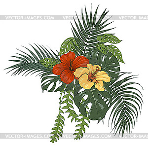 Composition of tropical plants and hibiscus flowers - vector image