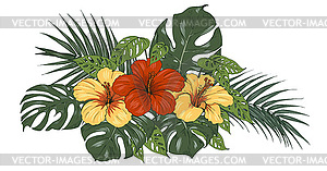 Composition of tropical plants and hibiscus flowers - vector image