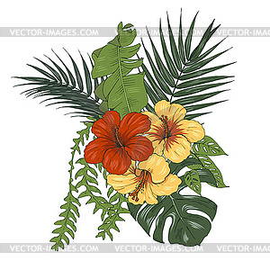 Composition of tropical plants and hibiscus flowers - vector clipart