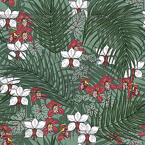 Tropical flowers and leaves seamless pattern - vector clipart