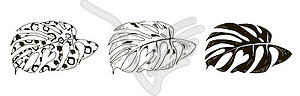 Monstera leaves tropical vine, set, black and white - vector clip art