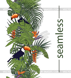 Toucan and tropical flowers and leaves - vector clipart