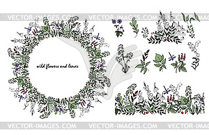 Wild flowers and leaves in Doodle style - vector clip art