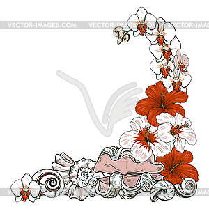 Композиция из морских раковин и экзотических цветов - векторный рисунок